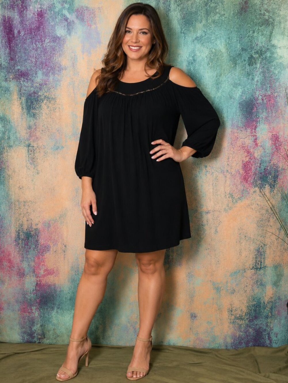 📌Jessica London Decorative Ladder Trim Cold Shoulder Mini Dress